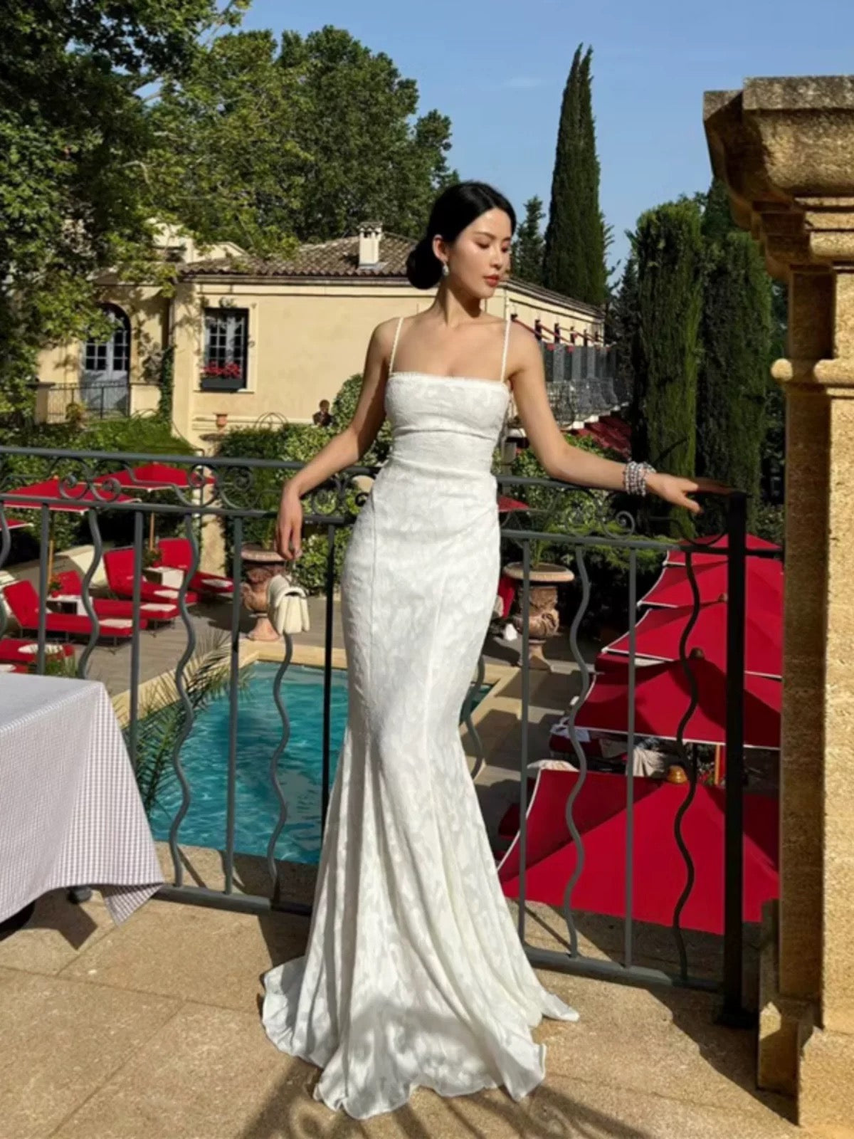 Modest Mermaid Spaghetti Straps Long White Prom Dresses Formal Graduation Party Dress Evening Dress SD2461