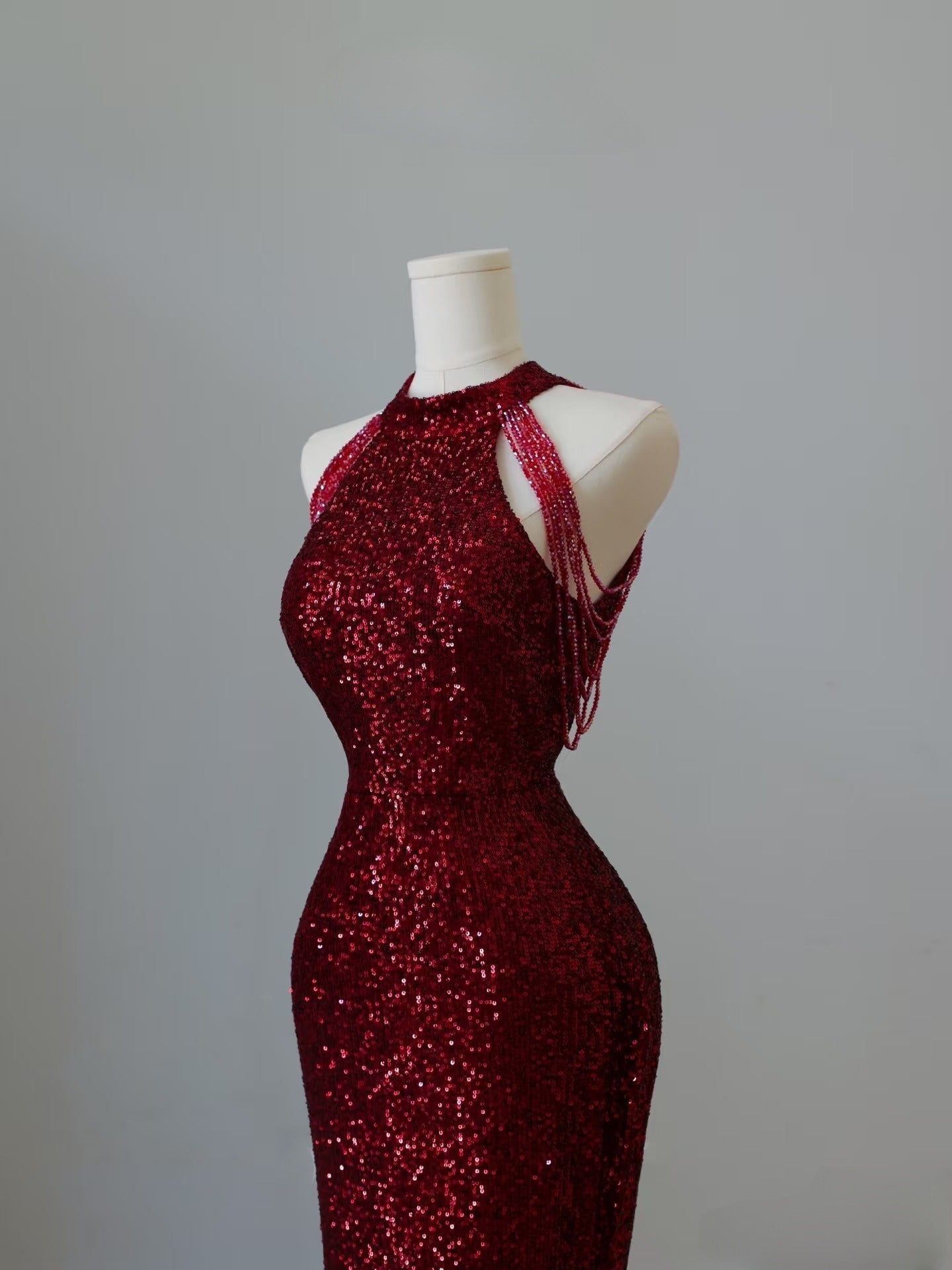 Simple Mermaid Scoop Neckline Burgundy Sequin Long Party Dress Prom Dresses SD2474