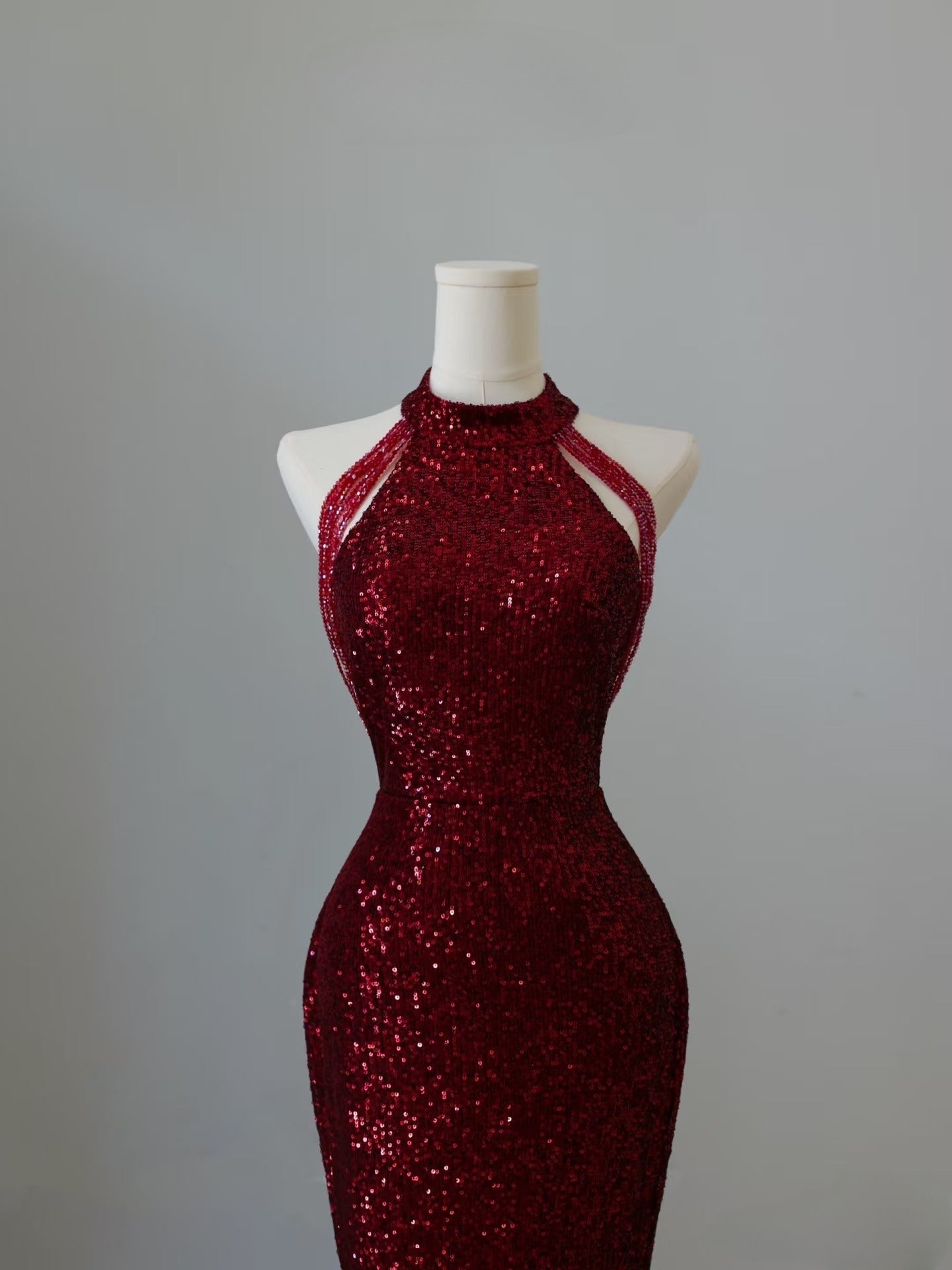 Simple Mermaid Scoop Neckline Burgundy Sequin Long Party Dress Prom Dresses SD2474