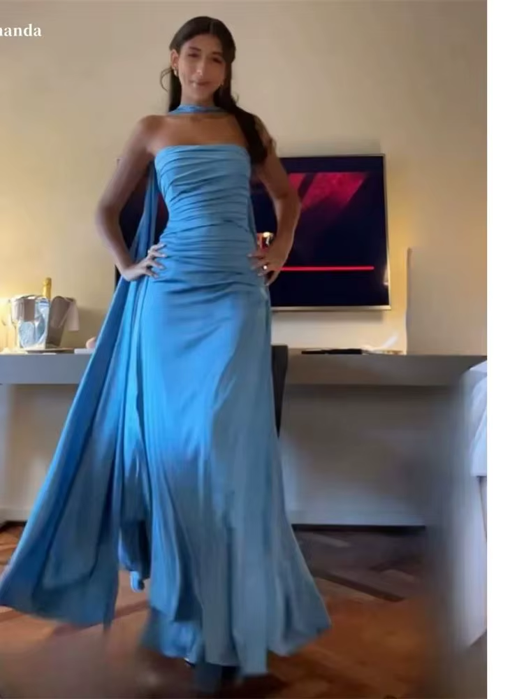 Classy Sheath Strapless With Ribbon Blue Ruffles Long Prom Dress SD2702