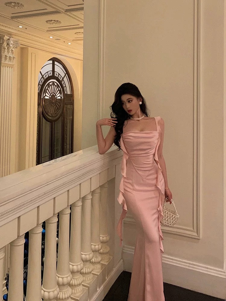 Sexy Mermaid Straps Neckline Backless Silk Satin Pink Slit Prom Dresses Birthday Outfits SD301