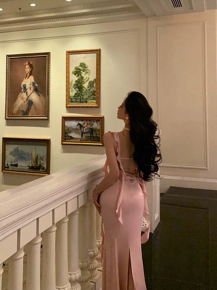 Sexy Mermaid Straps Neckline Backless Silk Satin Pink Slit Prom Dresses Birthday Outfits SD301