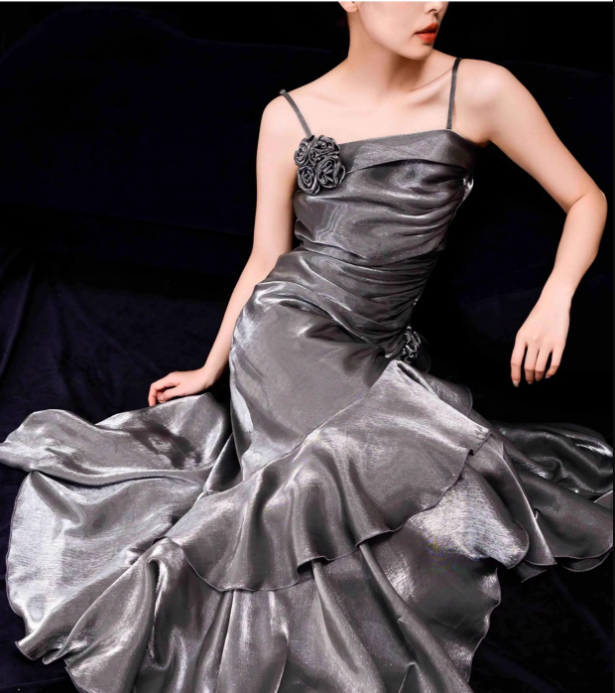 French Mermaid Spaghetti Straps Ruffles Silver Gray Prom Dresses Long Birthday Outfits SD504