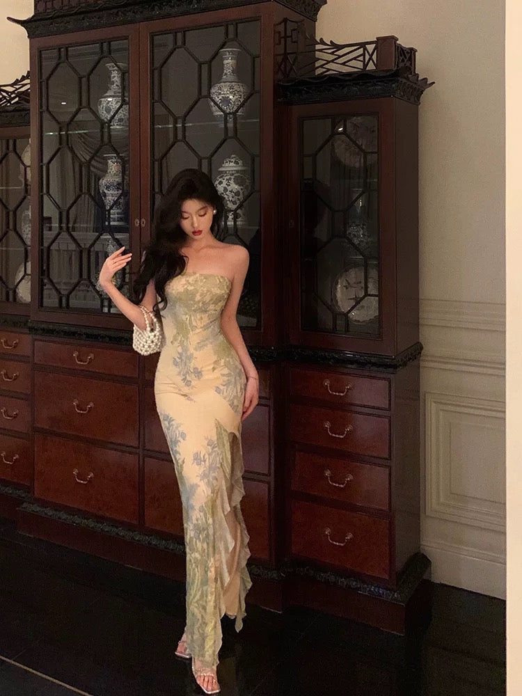 Pretty Sheath Strapless Floral Slit Long Prom Dresses Birthday Outfits SD592