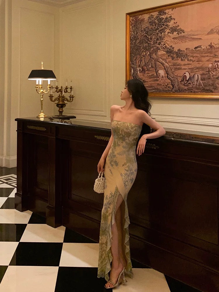 Pretty Sheath Strapless Floral Slit Long Prom Dresses Birthday Outfits SD592