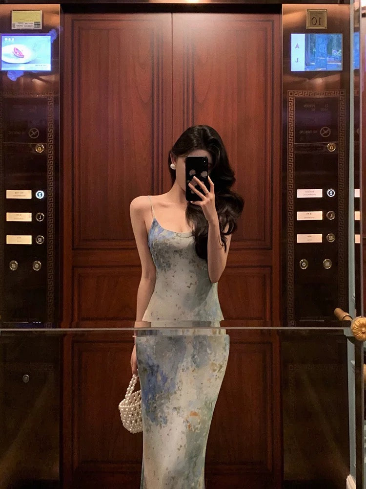 Sexy Sheath Spaghetti Straps Oil Painting Long Prom Dresses Birthday Outfits SD617