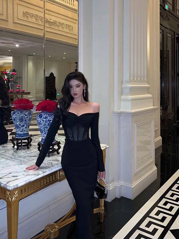 Gorgeous Mermaid Off The Shoulder Long Sleeves Date Night Dress Black Prom Dresses Birthday Outfits SD652