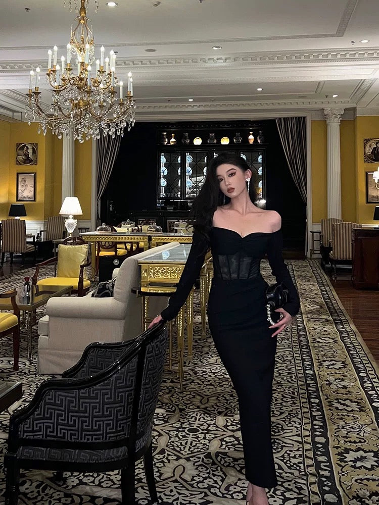 Gorgeous Mermaid Off The Shoulder Long Sleeves Date Night Dress Black Prom Dresses Birthday Outfits SD652