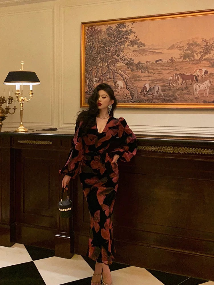 Classy Mermaid V Neckline Long Sleeves Black Velvet Pink Butterfly Prom Dresses Birthday Outfits SD690