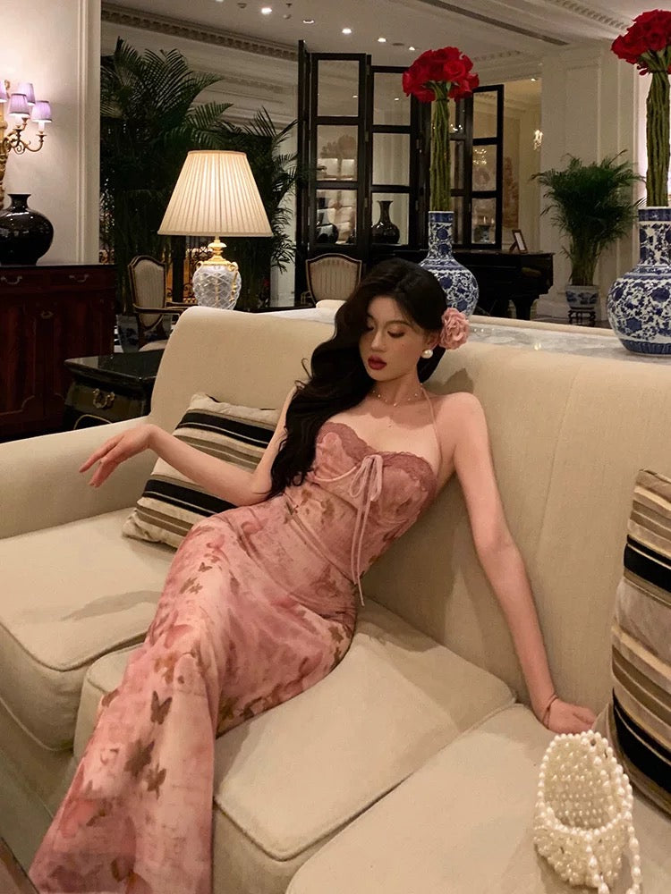 Classy Mermaid Spaghetti Straps Sleeveless Pink Floral Prom Dresses Birthday Outfits SD693