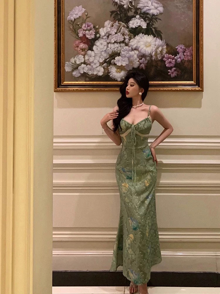 Stunning Sheath Spaghetti Straps Green Satin Date Night Dress Prom Dresses Birthday Outfit SD797