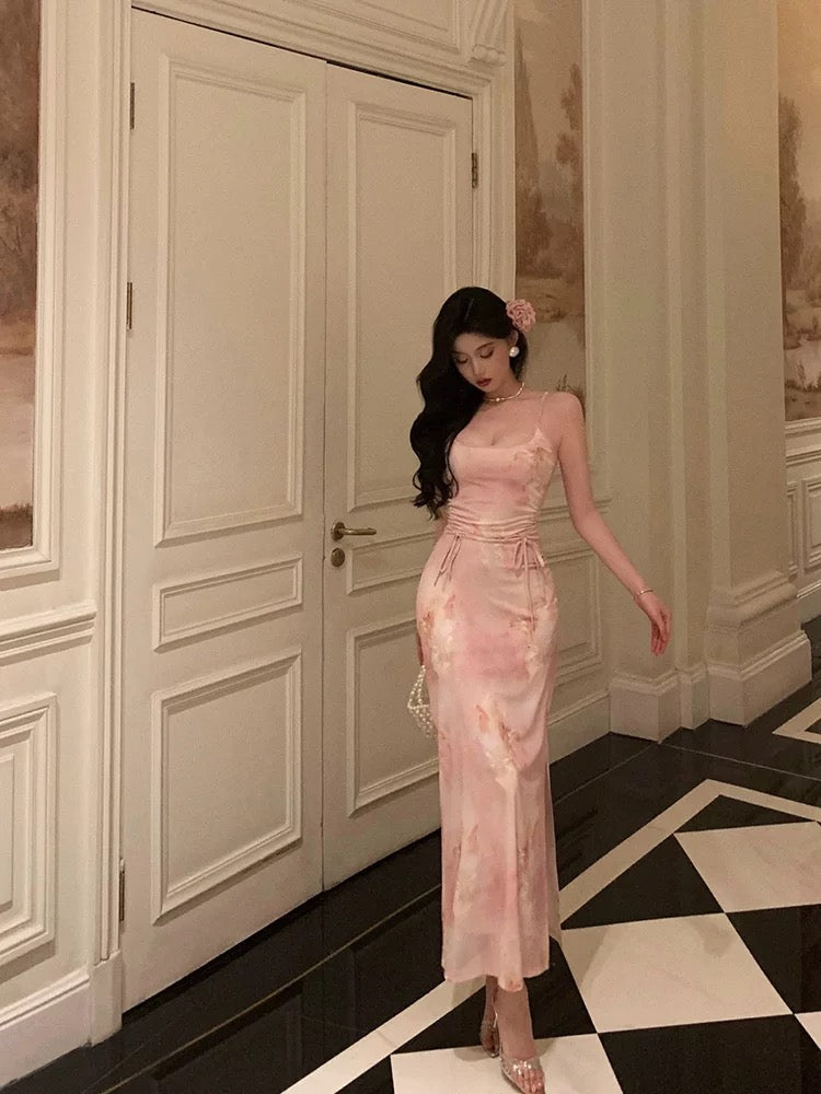 Stunning Sheath Spaghetti Straps Pink Floral Date Night Dress Prom Dresses Birthday Outfit SD802