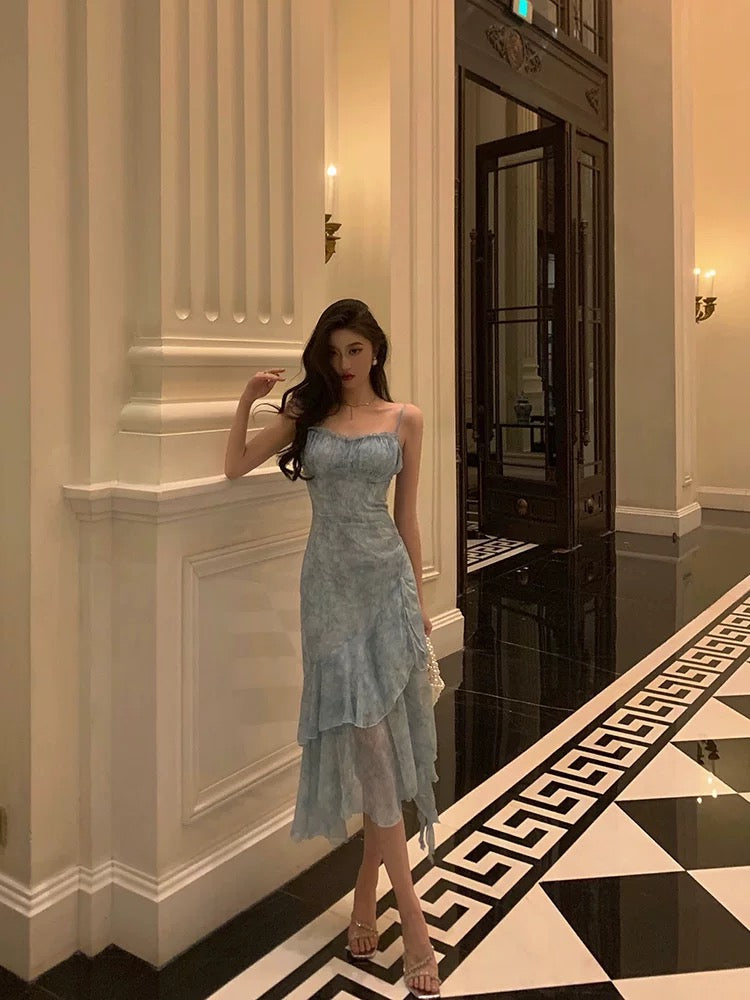 Stunning Sheath Spaghetti Straps Blue Chiffon Ruffles Date Night Dress Prom Dresses Birthday Outfit SD812