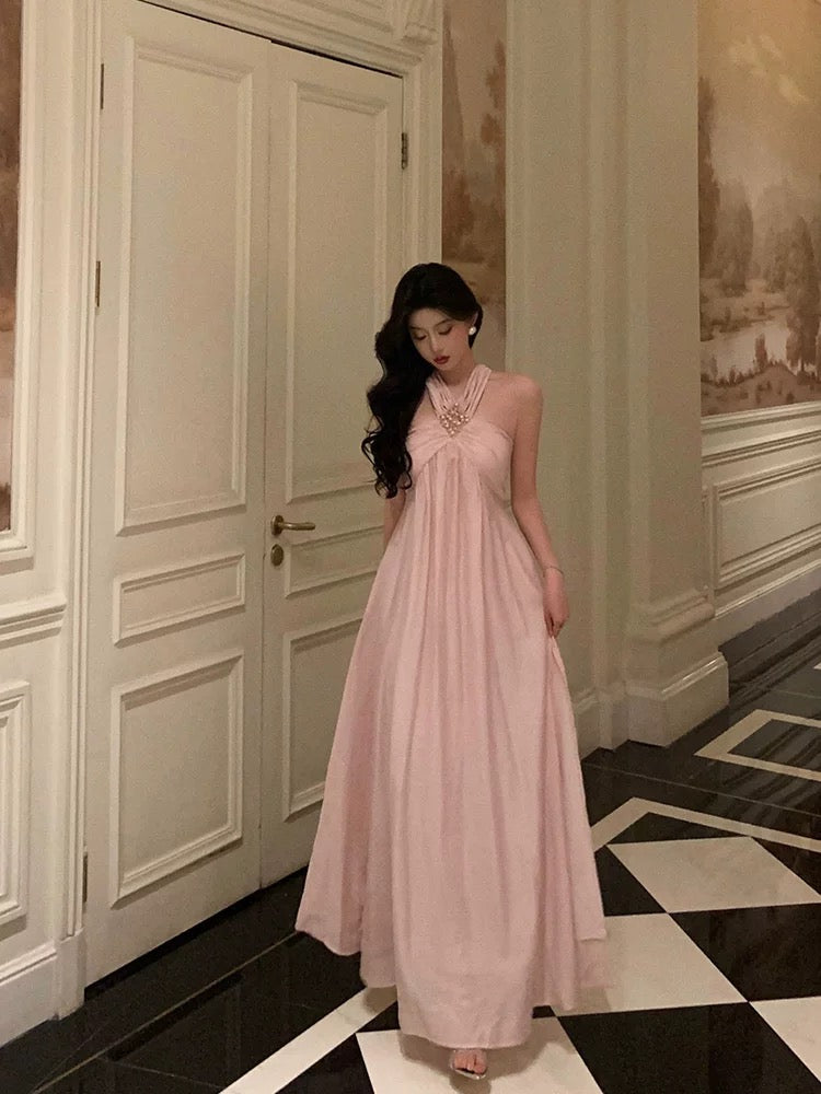 Stunning A Line Halter Neckline Long Date Night Dress Pink Prom Dresses Birthday Outfit SD817