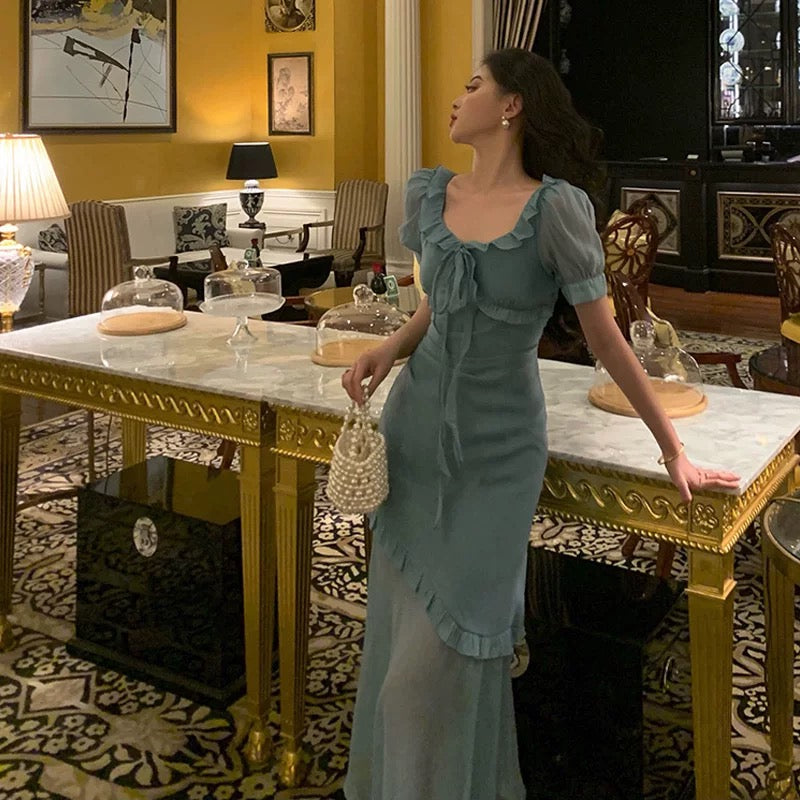 Elegant Mermaid Square Neckline Short Sleeves Blue Chiffon Prom Dresses Birthday Outfits Evening Gown SD993