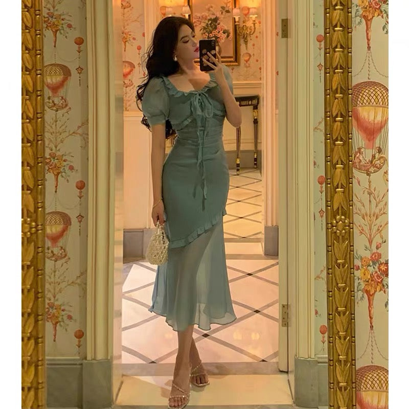 Elegant Mermaid Square Neckline Short Sleeves Blue Chiffon Prom Dresses Birthday Outfits Evening Gown SD993