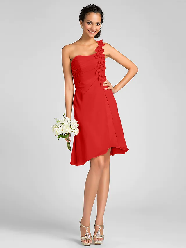 One Shoulder Knee Length Chiffon Bridesmaid Dress with Side Draping  Flower