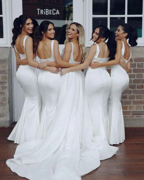 Satin Mermaid Backless Square Neck Floor Length Bridesmaid Dresses