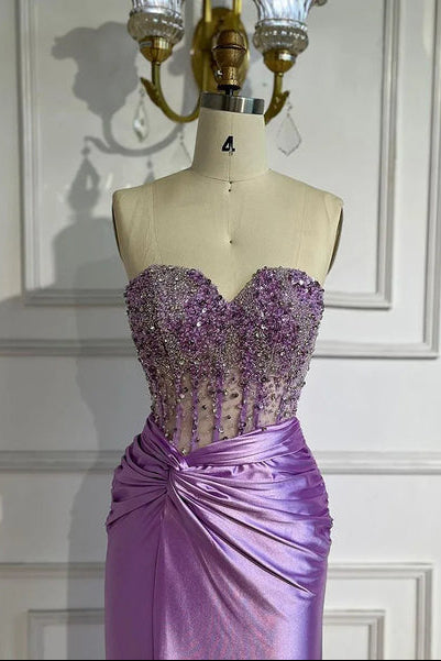 Purple Sweetheart Mermaid Satin Long Prom Dress with Beading
