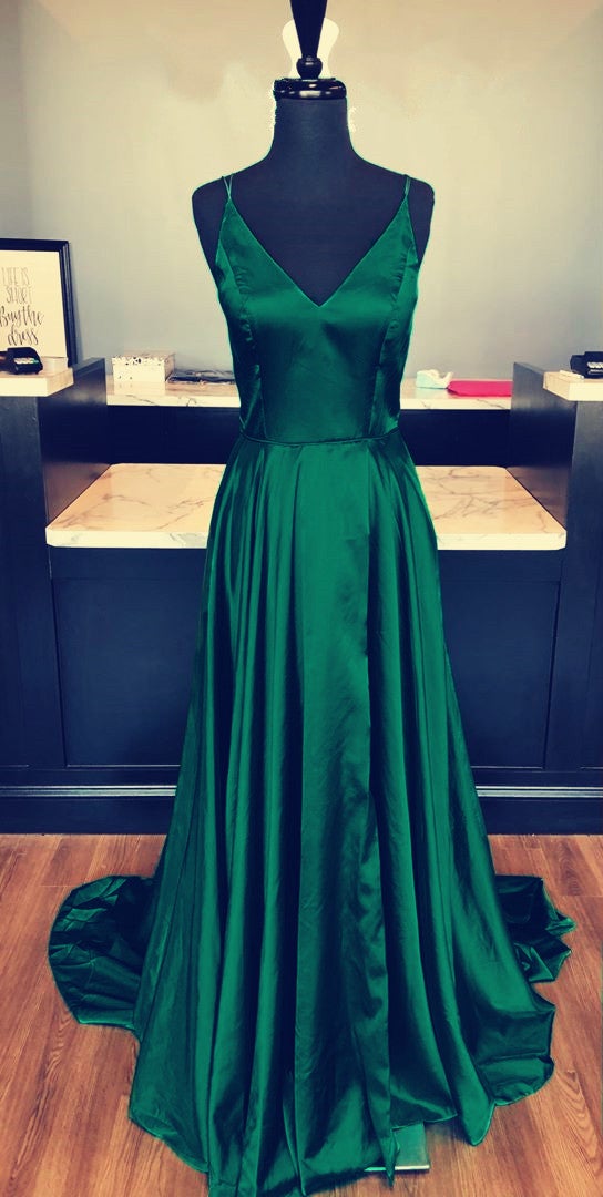 Multi-straps V-neck Long Satin Prom Dresses With Slit