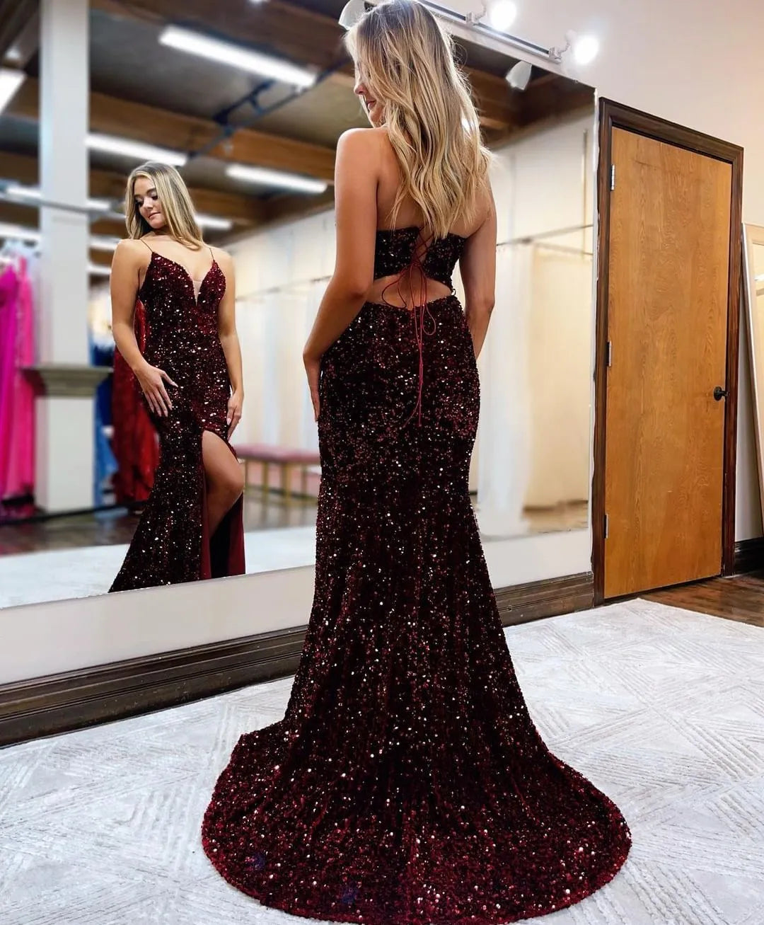 Wholesale Sexy Mermaid Spaghetti Straps Glitter Prom Dress With Split prom dresses with long sleeves