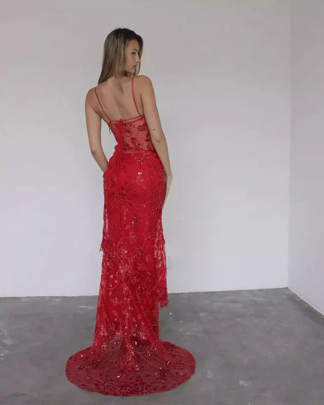 Sexy Red Lace Mermaid Long Prom Dress with Appliques, AST893