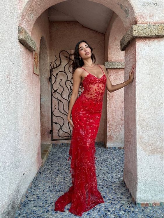Sexy Red Lace Mermaid Long Prom Dress with Appliques, AST893