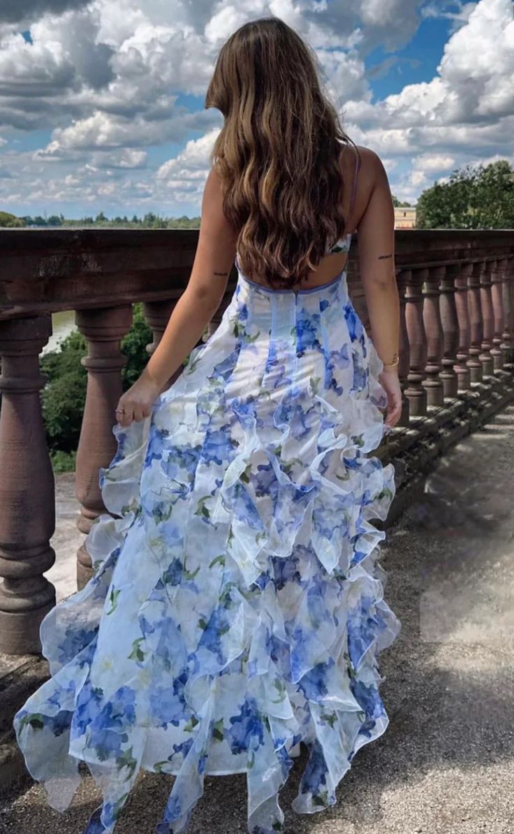 Mermaid Ruffle Floral Print Floor Length Prom Dress,AST922