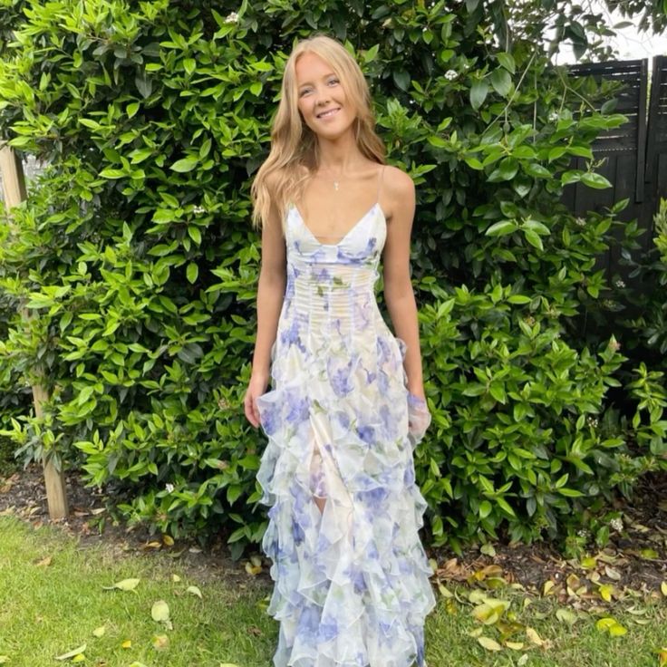 Mermaid Ruffle Floral Print Floor Length Prom Dress,AST922