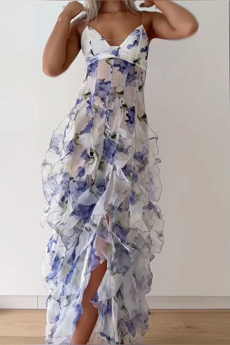 Mermaid Ruffle Floral Print Floor Length Prom Dress,AST922