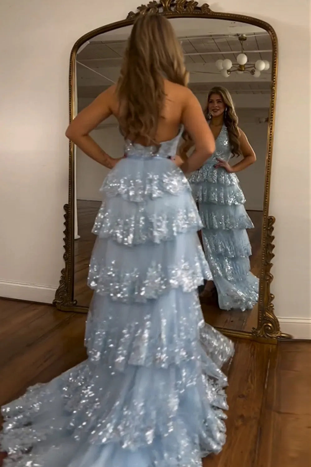Wholesale Shiny Light Blue A-Line Halter Backless Long Tulle Prom Dress With Split prom dresses shops