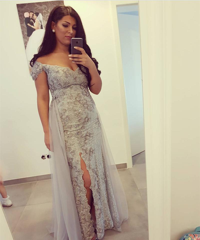 Silver Lace Off The Shoulder Mermaid Prom Dresses With Slit