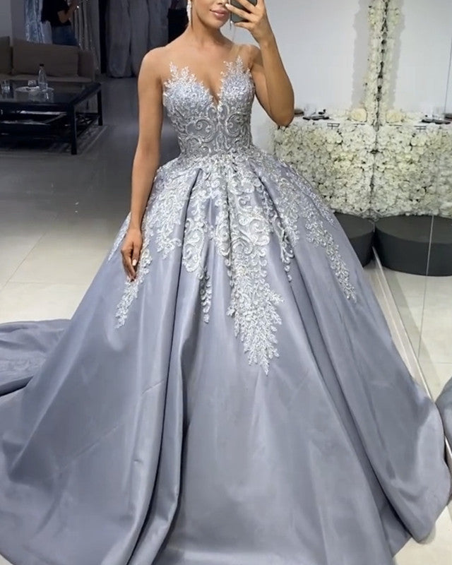 Silver Wedding Dress Satin Ball Gown Lace Embroidery