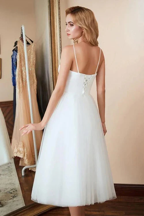 Aimishang Elegant A-Line Spaghetti Straps White Satin Tulle Tea-Length Wedding Dresses