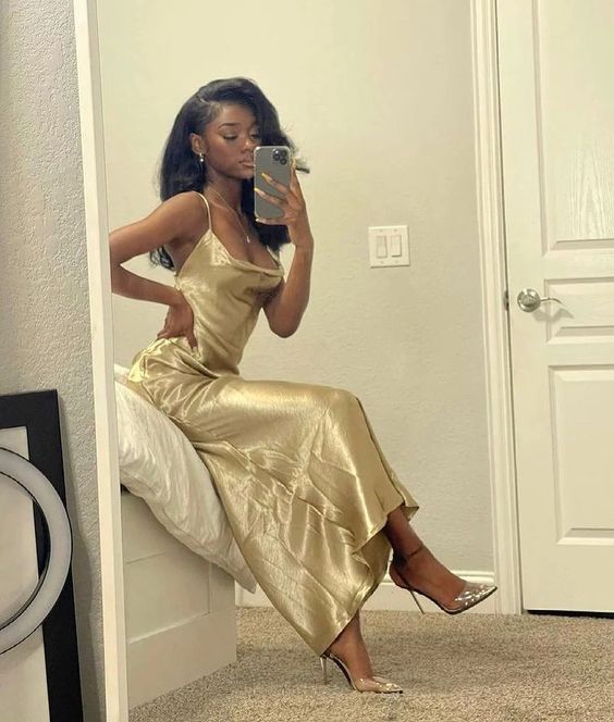 Simple Gold Mermaid Prom Dress, Black Girl Party Dress, AST888