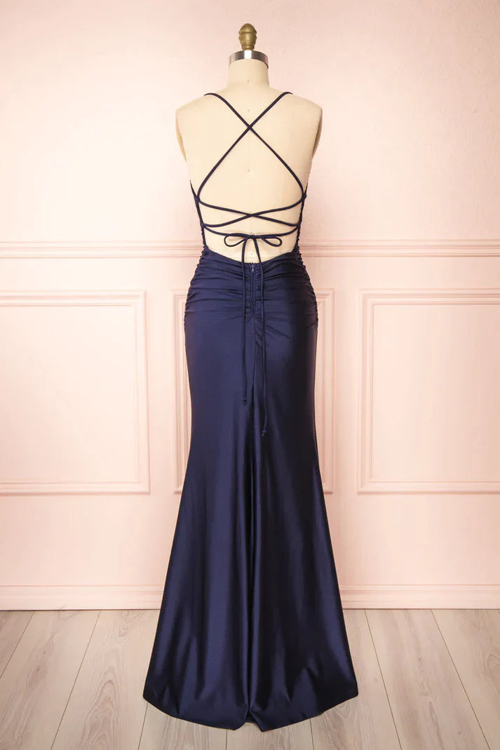 Simple Navy Blue Mermaid Prom Dress Long Satin Evening Gown, AST917
