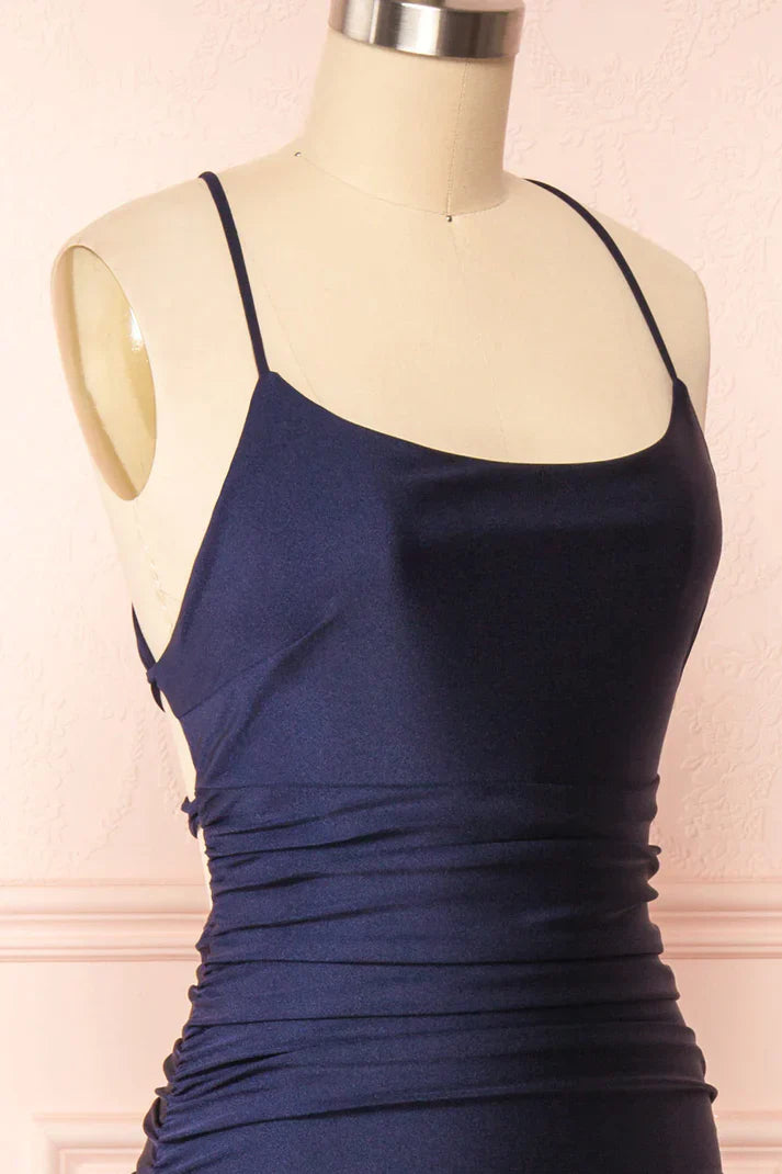 Simple Navy Blue Mermaid Prom Dress Long Satin Evening Gown, AST917