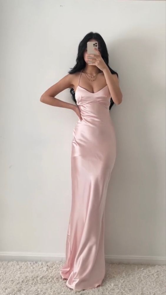 Spaghetti Straps Mermaid Light Pink Prom Dress Floor Length Dress, AST911