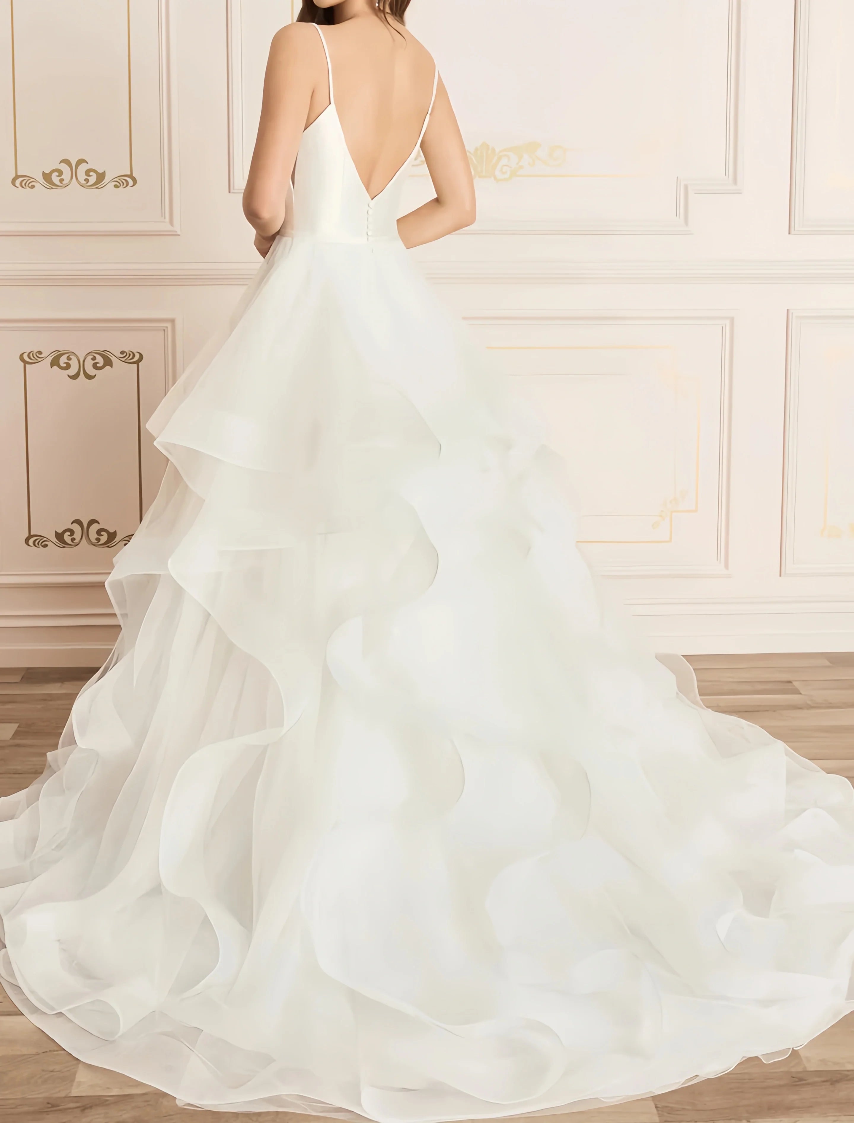 Spaghetti Straps White Ruffles Wedding Dress, A-Line Tulle Party Dress, AST1594