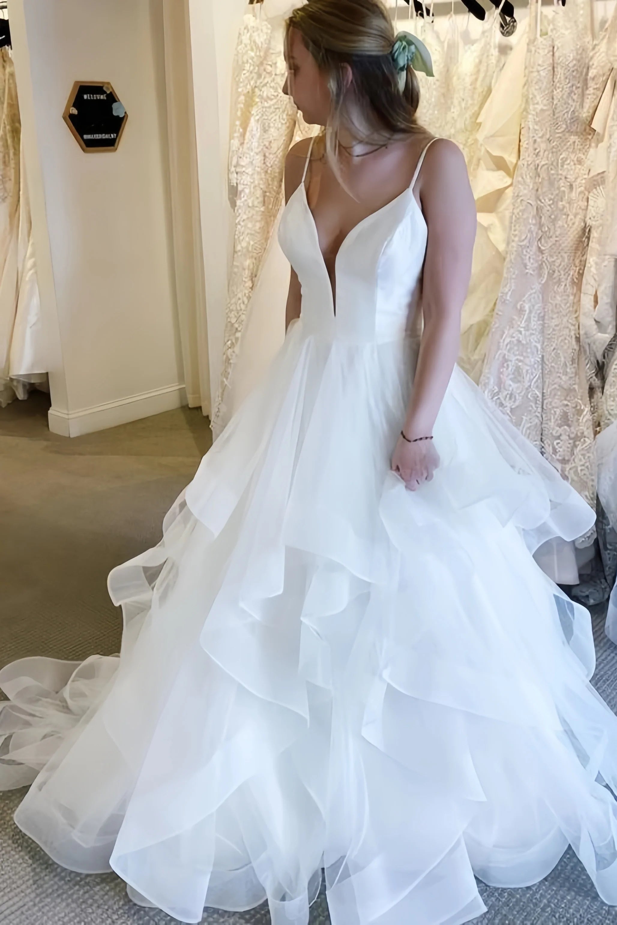 Spaghetti Straps White Ruffles Wedding Dress, A-Line Tulle Party Dress, AST1594