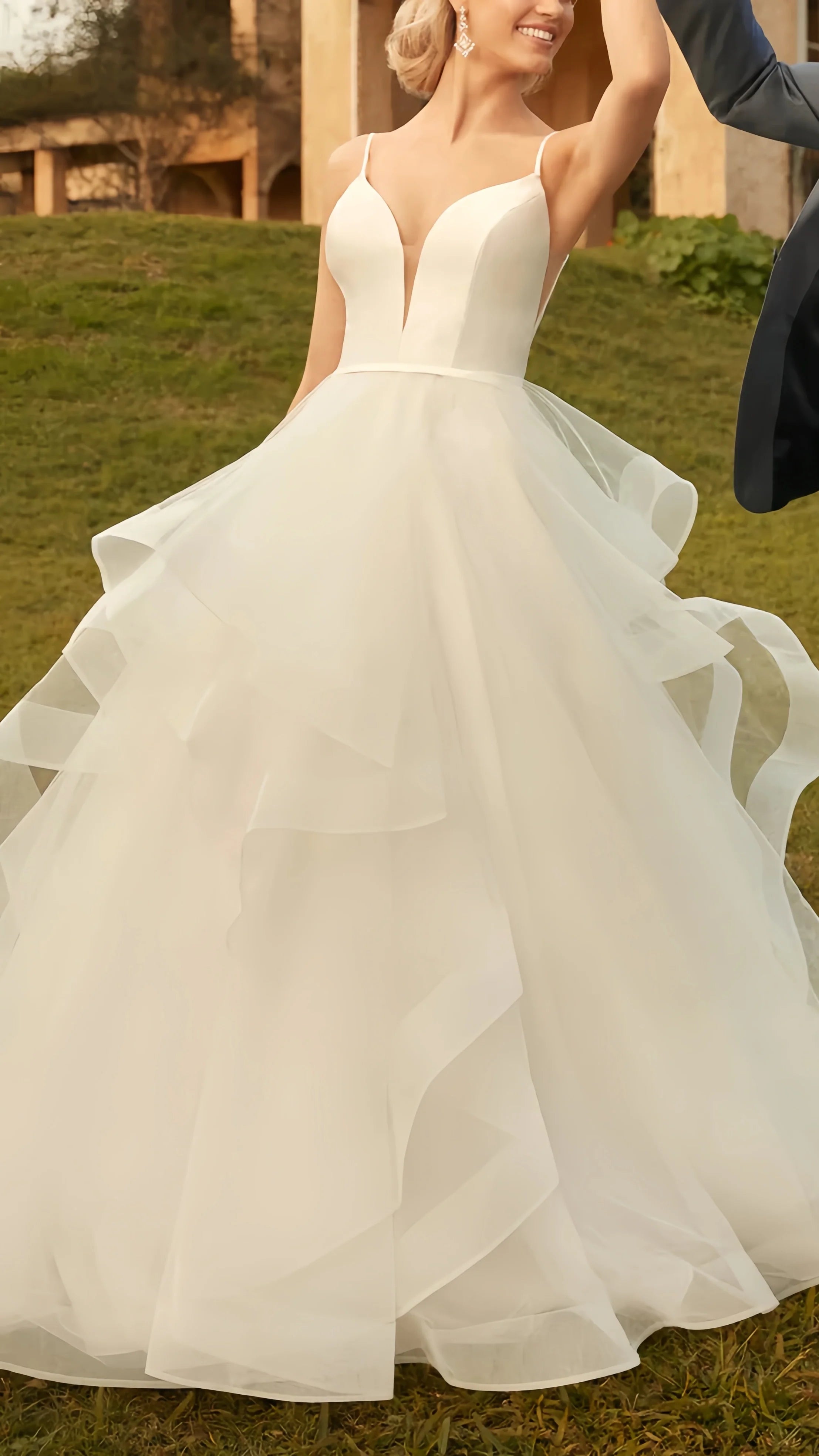 Spaghetti Straps White Ruffles Wedding Dress, A-Line Tulle Party Dress, AST1594