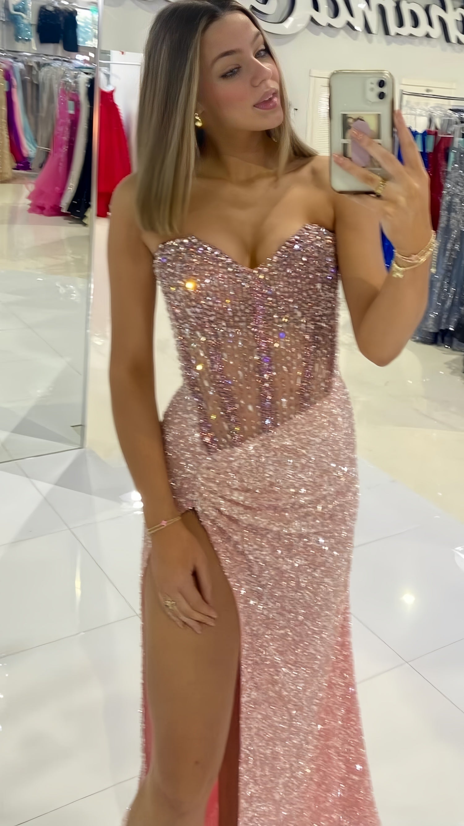 Sparkle Pink Sequin Long Prom Dress, AST1569