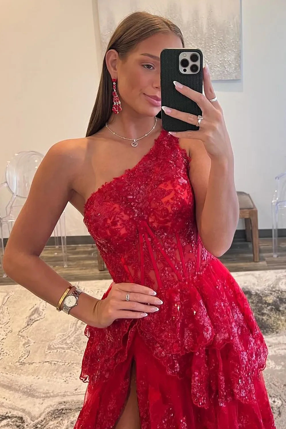 Aimishang Elegant Prom Dress Sparkly A-Line One Shoulder Long Tiered With Slit