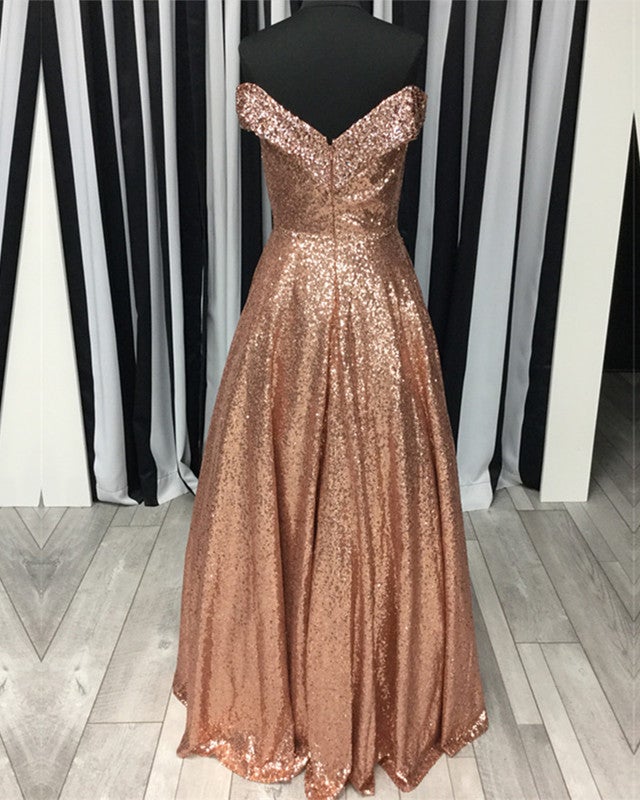 Sparkly Rose Gold Sequin Ball Gown Dress Off Shoulder