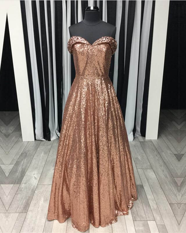 Sparkly Rose Gold Sequin Ball Gown Dress Off Shoulder