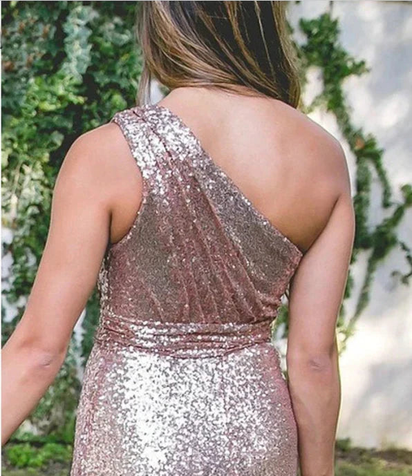 Sparkly Floor Length One shoulder Long Sequins Bridesmaid Dresses