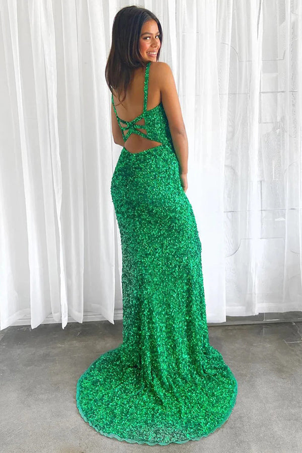 Sparkly Green Mermaid Sequin Long Prom Dress With Split TP1280