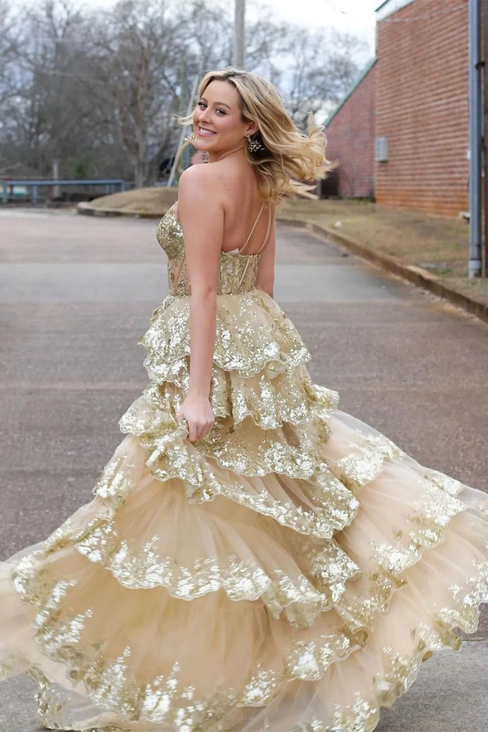 Wholesale Sparkly One Shoulder A-Line Sweep Train Tiered Prom Dress with Split prom dresses with long sleeves
