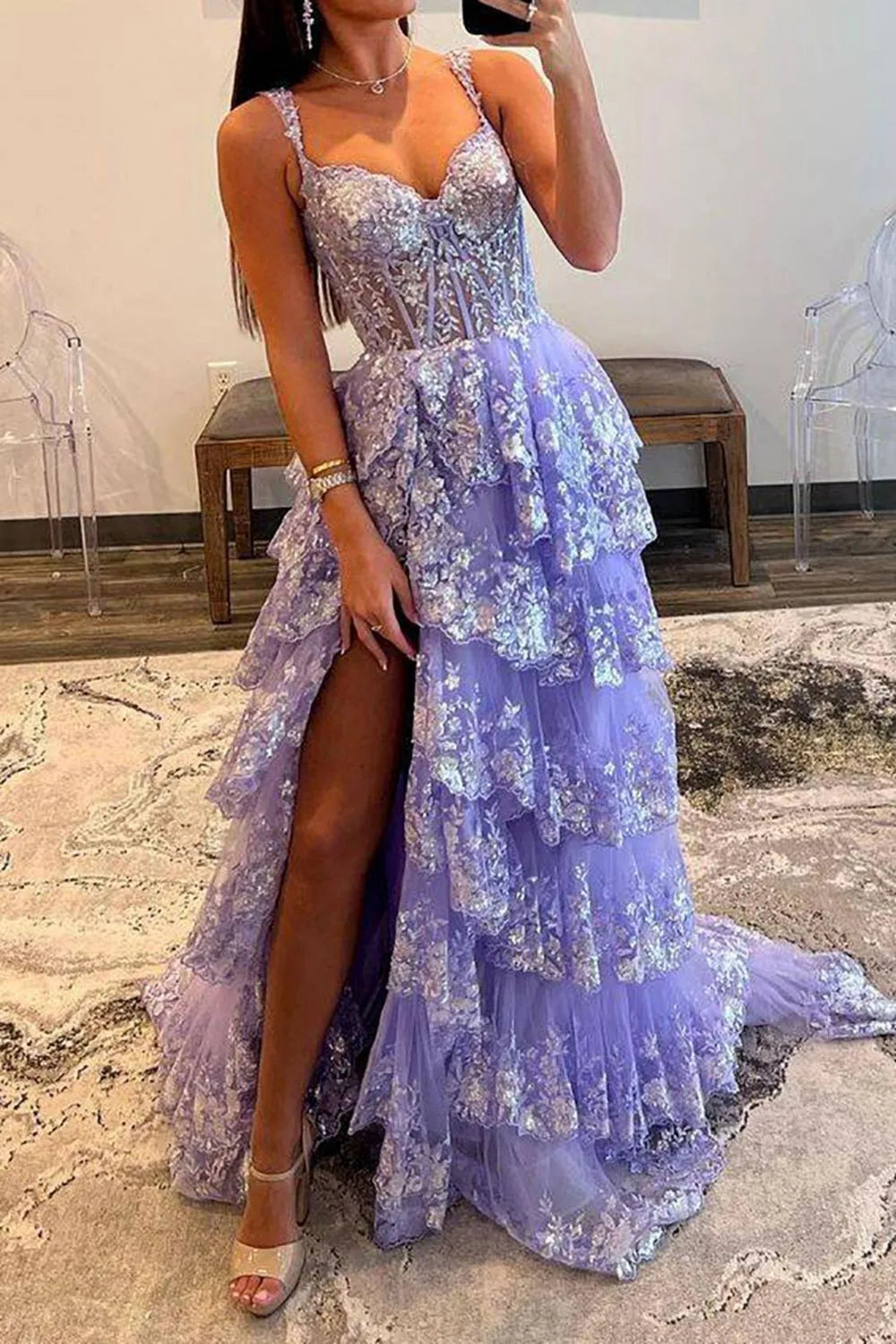 Wholesale Stunning Glitter A-Line Off The Shoulder Long Tiered Prom Dress With Split prom dresses with long sleeves