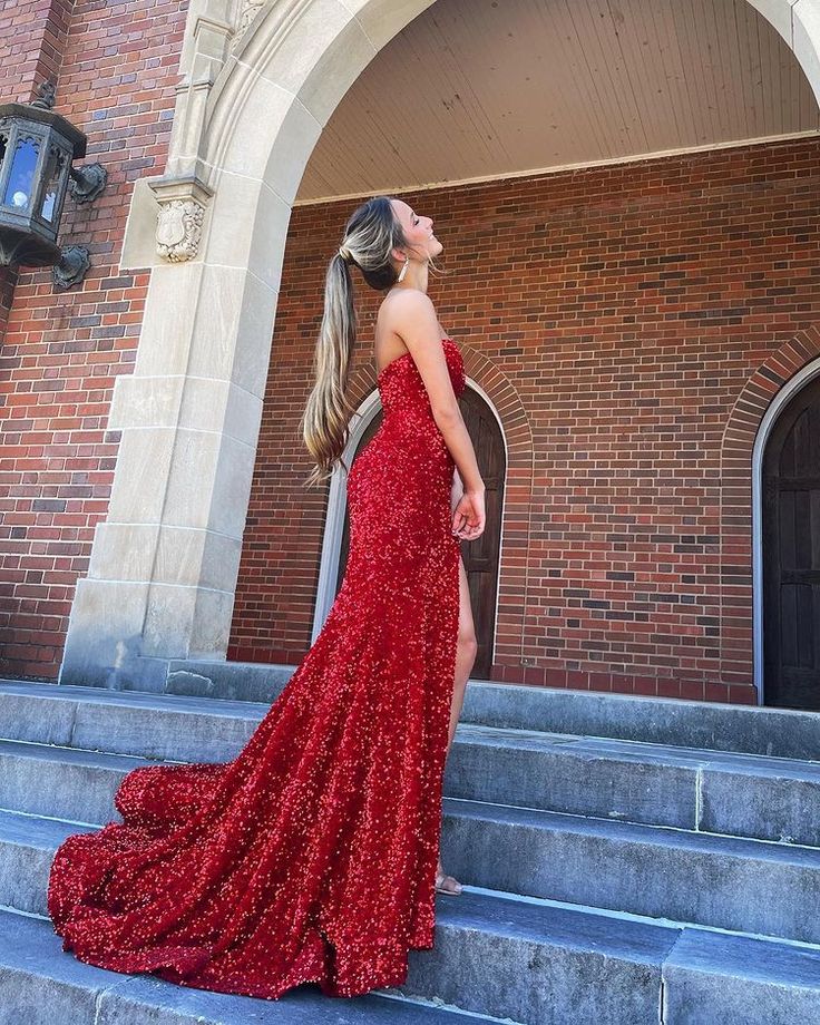 Sparkly Red Sequins Evening Dress Mermaid Strapless